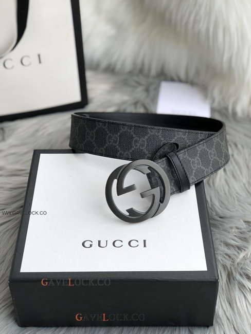 Gucci Black Leather Belt PVC Monogram Interlocking G Buckle